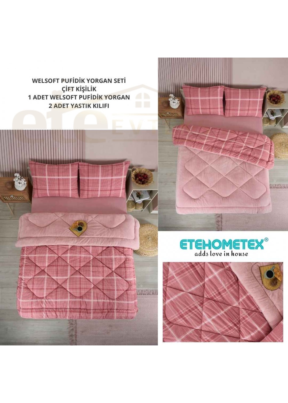 ETE HOMETEX ÇİFT KİŞİLİK LÜX WELSOFT YORGAN SETİ 195X215CM SAFİR PUDRA 8696474231949